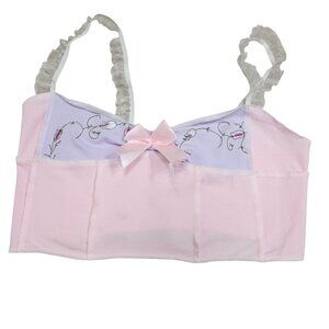 Vintage-Style Pink Lavender Floral Embroidered Bow Accent Crop Top Ruffled Strap
